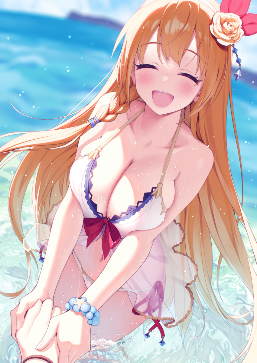 bathing bikini cleavage lunch pecorine princess_connect princess_connect!_re:dive see_through swimsuits wet