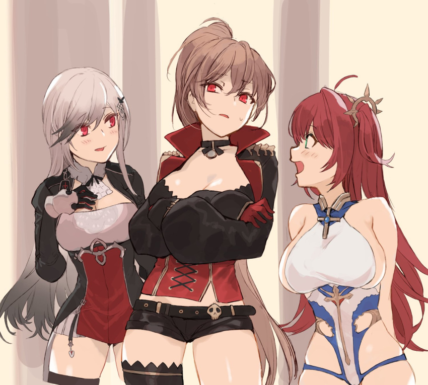 3girls asymmetrical_legwear azur_lane bare_shoulders black_jacket black_shorts breasts brown_hair cleavage dunkerque_(azur_lane) eyebrows_visible_through_hair ganesagi gloves green_eyes high_ponytail highres jacket jean_bart_(azur_lane) large_breasts long_hair medium_breasts multiple_girls one-piece_swimsuit open_mouth red_eyes red_gloves red_hair short_shorts shorts sideboob silver_hair surcouf_(azur_lane) swimsuit very_long_hair