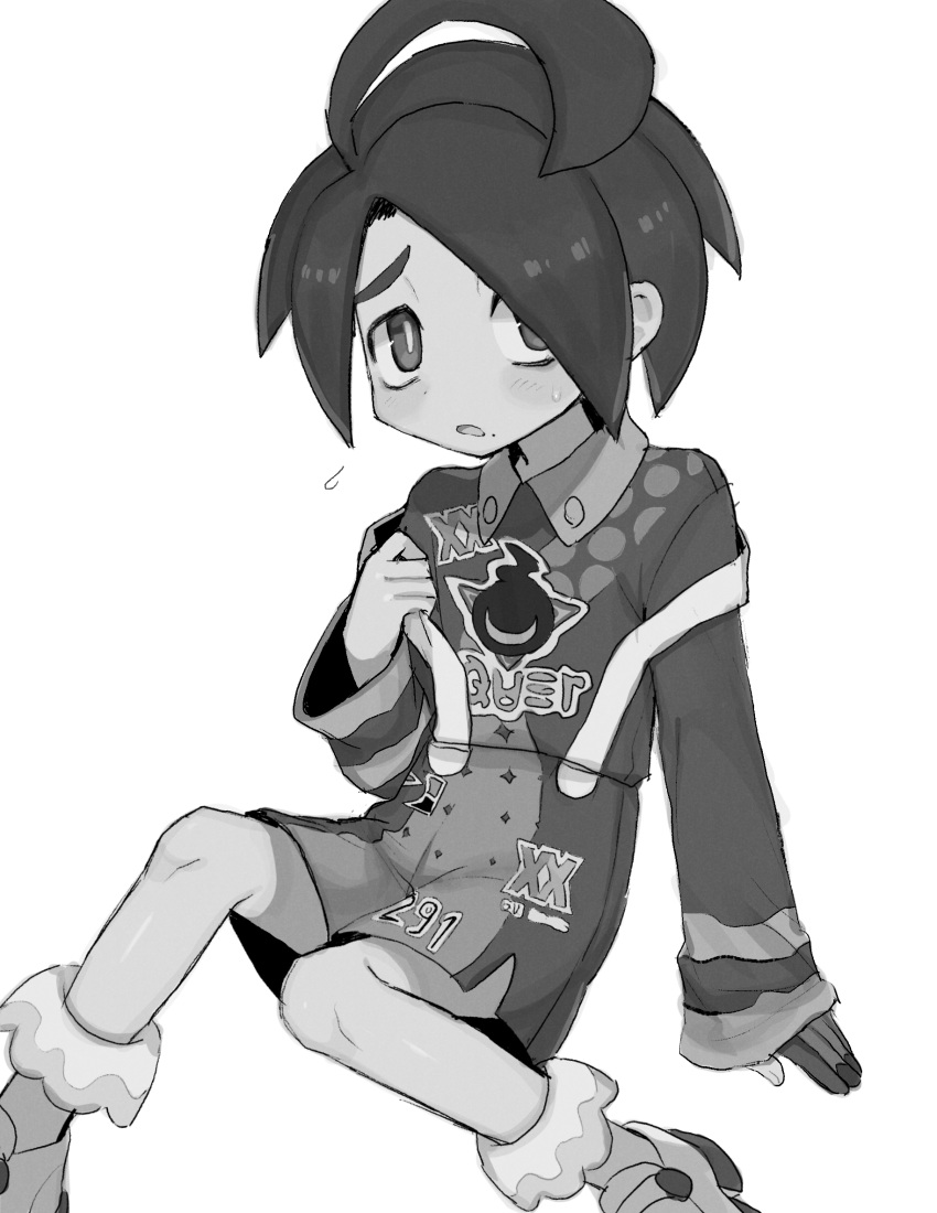 1boy ahoge allister_(pokemon) black_hair bright_pupils collared_shirt flying_sweatdrops gloves greyscale gym_leader highres himawari_(hishu) knees long_sleeves looking_at_viewer male_focus mole mole_under_mouth monochrome number open_mouth partially_fingerless_gloves pokemon pokemon_(game) pokemon_swsh raised_eyebrows shiny shiny_skin shirt shoes shorts single_glove solo suspender_shorts suspenders suspenders_slip sweatdrop tongue white_background white_pupils