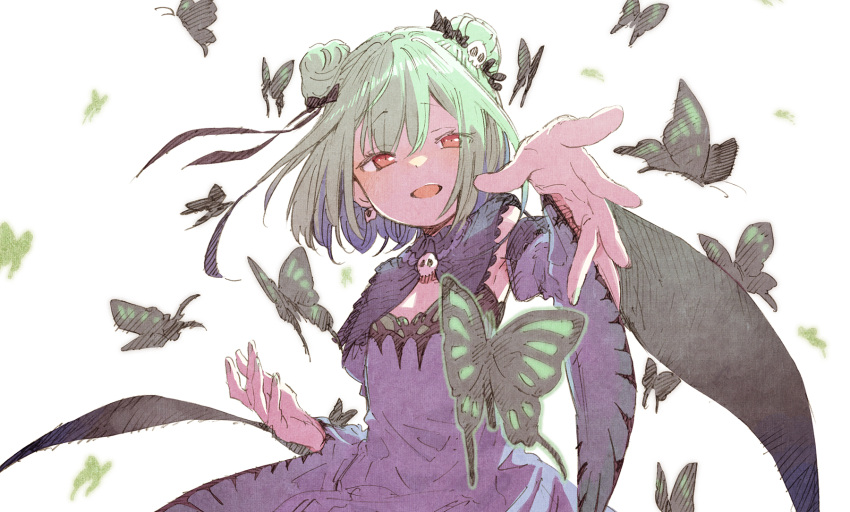 1girl abara_heiki bangs blue_dress blush bug butterfly double_bun dress eyebrows_visible_through_hair frilled_dress frills green_hair hair_ornament hair_ribbon highres hololive insect looking_at_viewer necromancer open_mouth red_eyes ribbon short_dress short_hair sidelocks skull_hair_ornament smile solo uruha_rushia virtual_youtuber