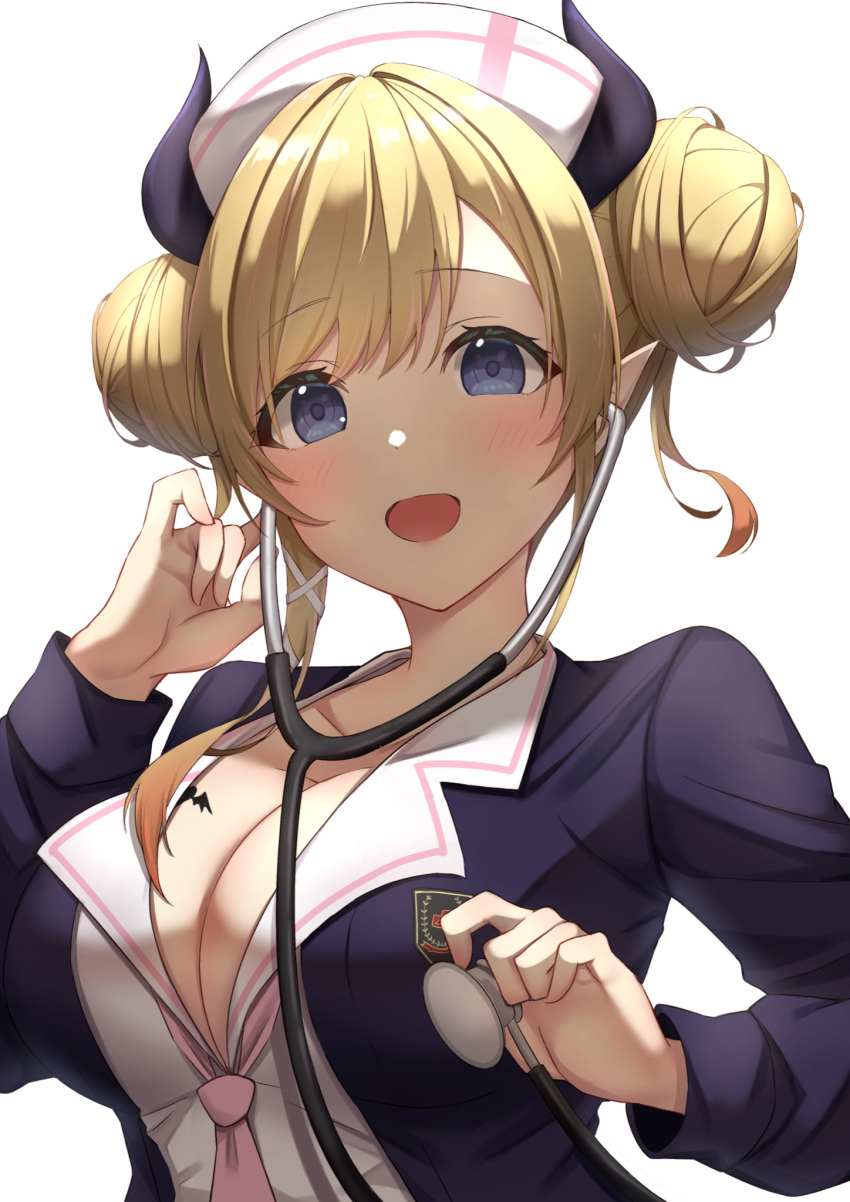 1girl blonde_hair blue_eyes blush breast_tattoo breasts cleavage double_bun eyebrows_visible_through_hair formal hair_ornament hand_up hat highres hololive horns large_breasts looking_at_viewer menmen_(ijnwfpaihpufxox) necktie nurse nurse_cap open_clothes open_mouth open_shirt pink_neckwear pointy_ears simple_background solo stethoscope suit tattoo x_hair_ornament yuzuki_choco