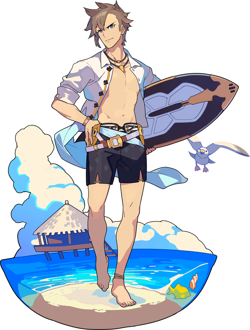 1boy anchor_symbol ankleband artist_request bangs barefoot beach belt bird blue_eyes blue_ribbon bracelet brown_hair closed_mouth cloud clownfish collarbone day fish full_body groin hand_on_hip happy highres holding holding_surfboard jewelry lazaret_(world_flipper) leg_up looking_at_viewer male_focus male_swimwear navel necklace non-web_source ocean official_art open_clothes open_shirt outdoors ribbon sand seagull shiny shiny_hair shirt short_hair short_sleeves sidelocks sleeves_rolled_up smile solo standing standing_on_one_leg stilt_house stomach surfboard swim_trunks toned toned_male transparent_background v-shaped_eyebrows walking water white_shirt world_flipper