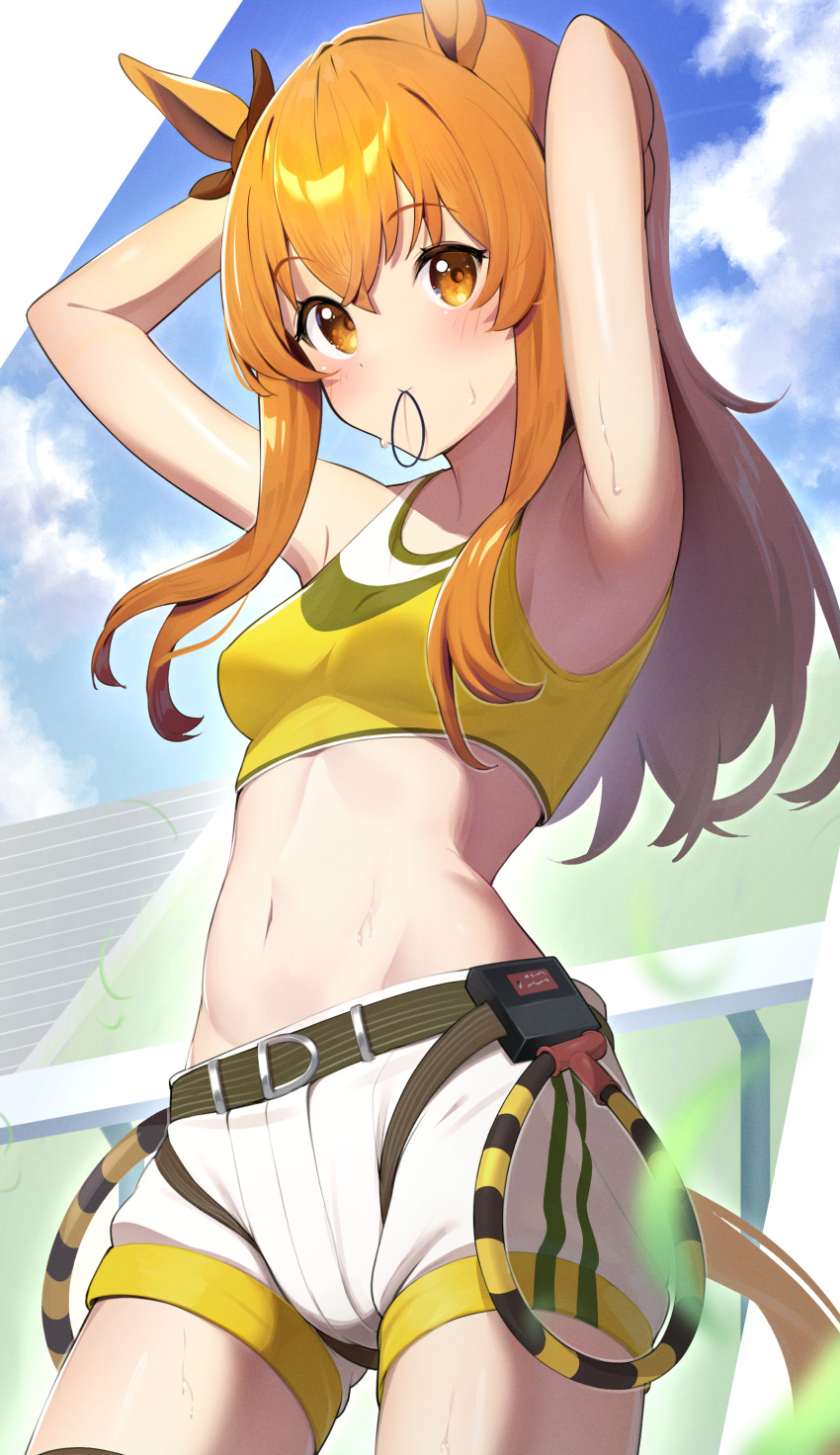 1girl absurdres animal_ears arm_behind_head armpits arms_up bangs blue_sky blurry blurry_foreground blush bow breasts brown_bow cloud commentary_request cowboy_shot crop_top day ear_bow eyebrows_visible_through_hair hair_between_eyes hair_tie_in_mouth highres horse_ears horse_girl horse_tail leaf long_hair looking_at_viewer mayano_top_gun_(umamusume) medium_breasts midriff mouth_hold navel orange_eyes orange_hair outdoors shirt short_shorts shorts sky solo sweat tail takom thighs tying_hair umamusume white_shorts yellow_shirt
