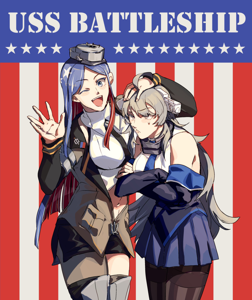2girls ahoge american_flag american_flag_background asymmetrical_legwear bangs black_legwear black_neckwear blue_eyes blue_hair blue_neckwear blue_skirt blush breasts closed_mouth crossed_arms detached_sleeves flag_background grey_hair hand_on_another's_head headgear highres jacket kantai_collection large_breasts long_hair long_sleeves multicolored_hair multiple_girls nan_(nanyayyay) necktie one_eye_closed open_mouth pantyhose pleated_skirt red_hair shirt single_leg_pantyhose single_thighhigh skirt south_dakota_(kancolle) star_(symbol) sweat thighhighs washington_(kancolle) white_hair