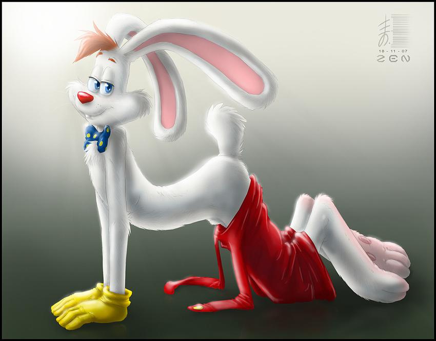 all_fours anthro clothed clothing fur gloves half-dressed lagomorph looking_at_viewer male mammal pose rabbit roger_rabbit side_view solo topless white_fur who_framed_roger_rabbit zen