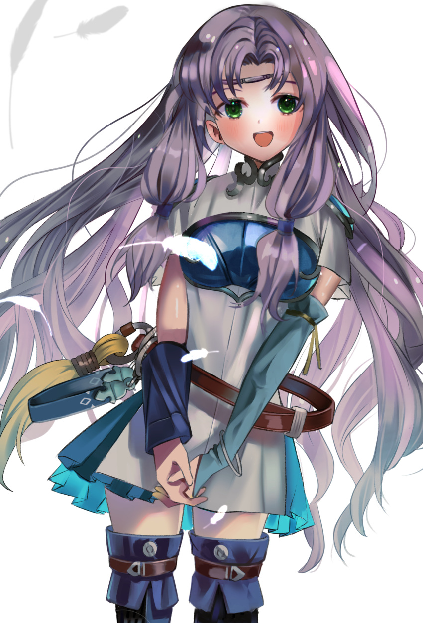 1girl absurdres armor bangs belt blush boots breastplate chil0107 circlet cowboy_shot dress elbow_gloves feathers fire_emblem fire_emblem:_the_blazing_blade florina_(fire_emblem) gloves green_eyes hands_together highres long_hair looking_at_viewer open_mouth parted_bangs pauldrons purple_hair shoulder_armor smile solo thigh_boots thighhighs upper_teeth very_long_hair white_dress zettai_ryouiki