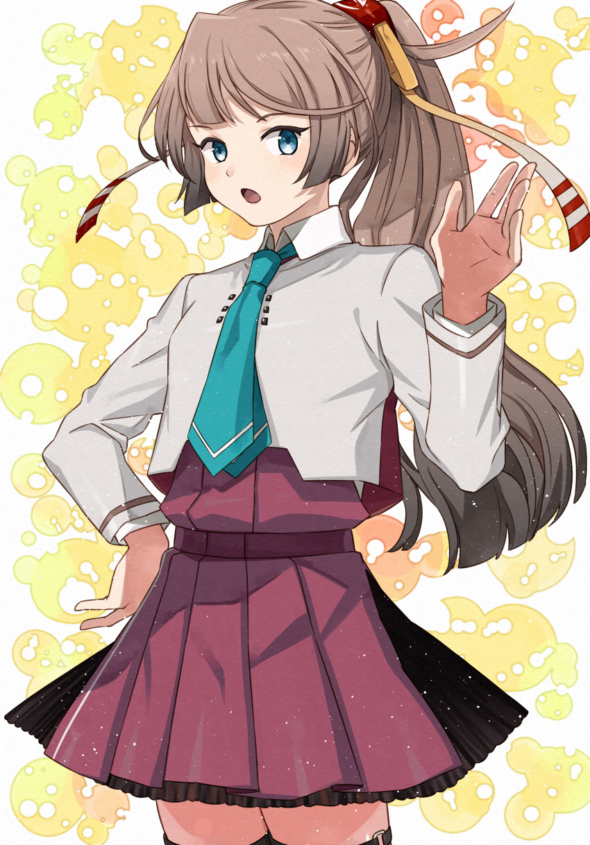 1girl absurdres aqua_neckwear blazer bow bowtie breasts brown_hair cowboy_shot dress grey_legwear hair_ornament hair_ribbon halterneck highres jacket kanmiya_shinobu kantai_collection kazagumo_(kancolle) lace long_hair looking_at_viewer multicolored multicolored_background necktie open_mouth ponytail remodel_(kantai_collection) ribbon silver_eyes small_breasts thighhighs white_background yellow_background