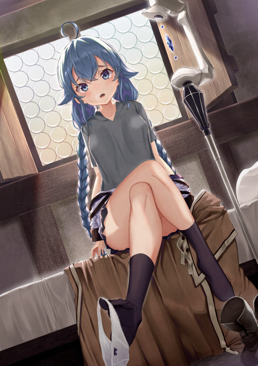 1girl absurdres ahoge bed black_legwear black_skirt blue_eyes blue_hair blush boots breasts crossed_legs dutch_angle grey_shirt hair_between_eyes highres indoors long_hair looking_at_viewer medium_breasts miniskirt mushoku_tensei on_bed open_mouth panties panties_around_feet pleated_skirt roxy_migurdia see-through_silhouette shiny shiny_hair shirt short_sleeves sitting sitting_on_bed skirt solo underwear very_long_hair white_panties yatsucchie