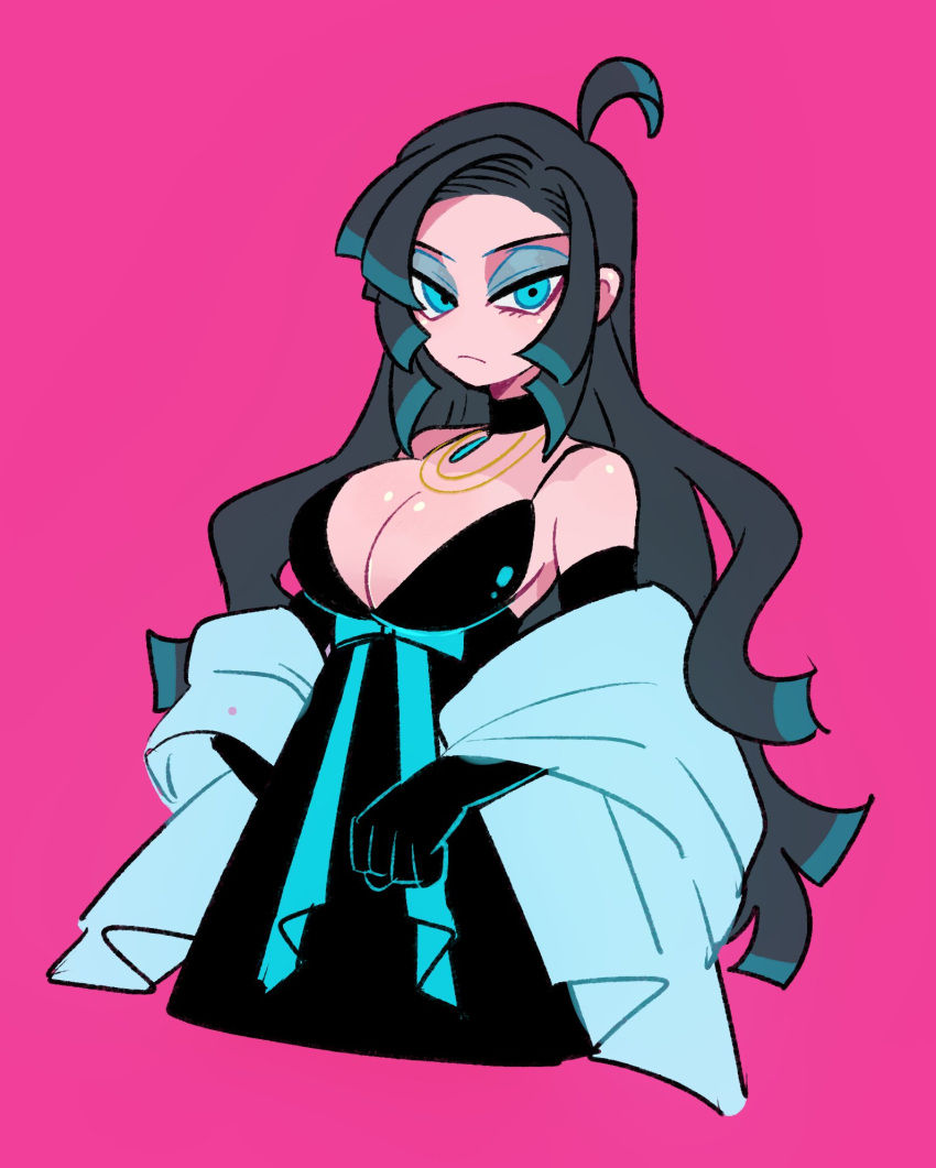 1girl aqua_eyes black_choker black_gloves black_hair breasts choker cleavage cropped_torso elbow_gloves eyeshadow gloves half-closed_eyes highres iccoco large_breasts long_hair looking_at_viewer makeup no_nose original pink_background simple_background solo upper_body