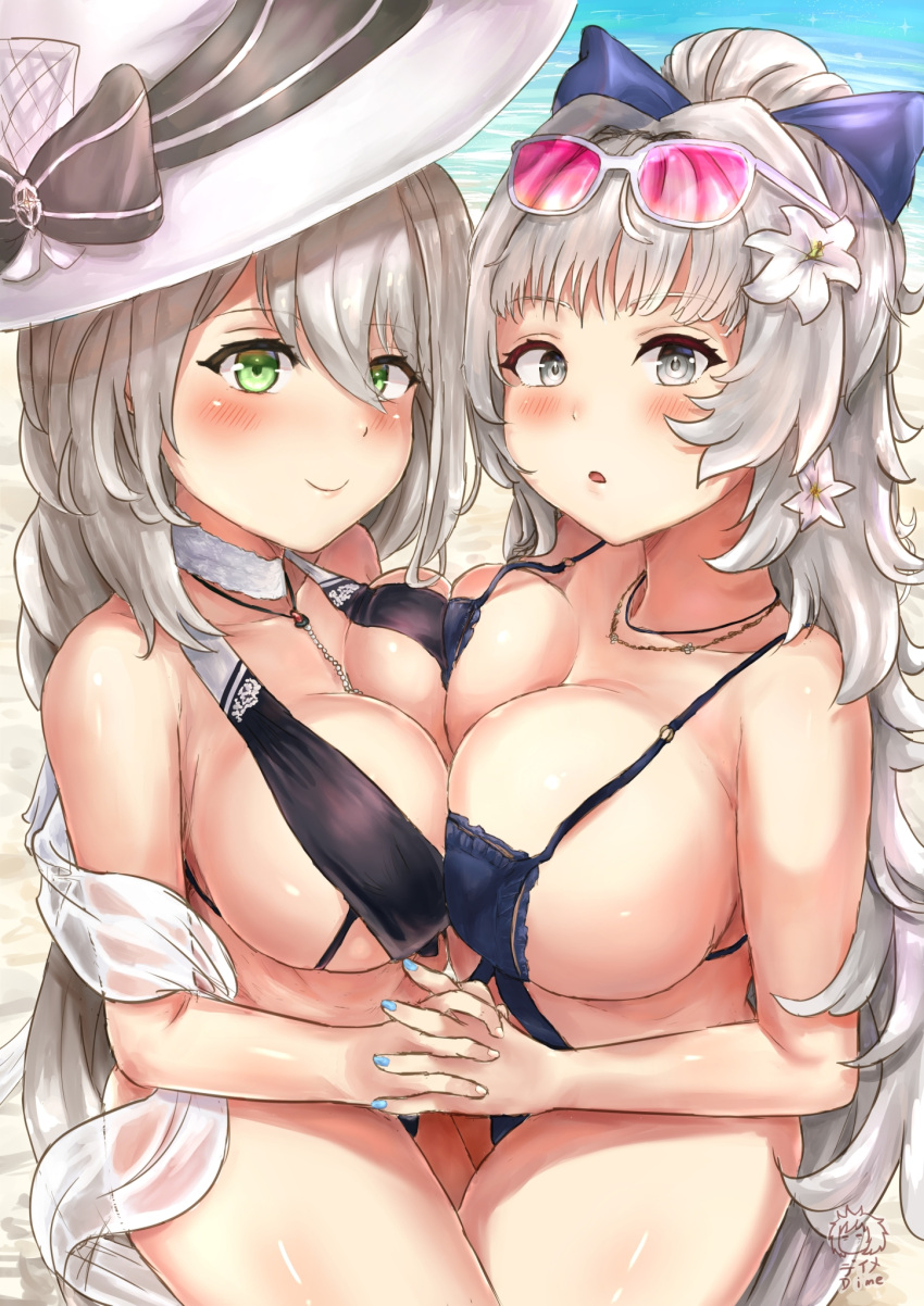 2girls aquila_(azur_lane) aquila_(sardegnian_shallows_and_sunshine)_(azur_lane) azur_lane bare_shoulders bikini black_bikini bow breast_press breasts cleavage dime-san eyewear_on_head flower green_eyes hair_bow hair_flower hair_ornament hat highleg highres large_breasts long_hair looking_at_viewer multiple_girls official_alternate_costume pink-tinted_eyewear purple_bow purple_swimsuit silver_eyes silver_hair sun_hat swimsuit symmetrical_docking very_long_hair vittorio_veneto_(azur_lane) vittorio_veneto_(the_flower_of_la_spezia)_(azur_lane) white-framed_eyewear white_flower