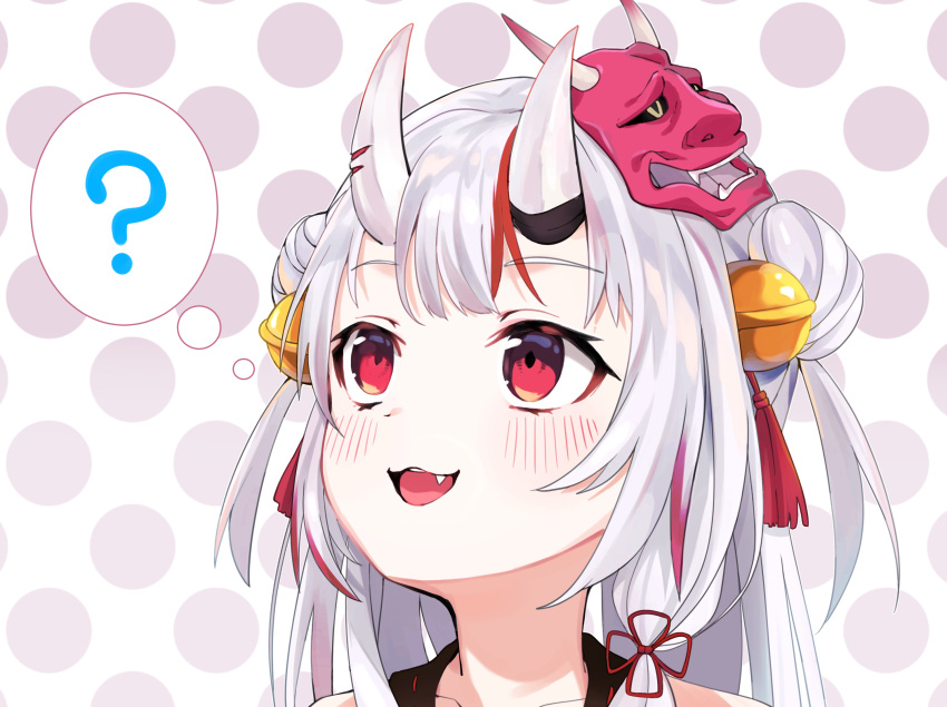 1girl ? bell blush commentary double_bun face fang flower_knot hair_bell hair_ornament highres hololive horns kounaien_(comic1217) long_hair looking_up mask mask_on_head multicolored_hair nakiri_ayame oni_horns oni_mask open_mouth polka_dot polka_dot_background red_eyes red_hair silver_hair simple_background smile solo streaked_hair tassel thought_bubble two-tone_hair virtual_youtuber white_background