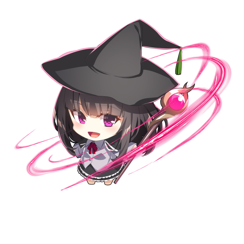 1girl :d absurdres bangs barefoot black_cape black_hair black_headwear black_skirt blush bow cape chibi collared_shirt dress_shirt eyebrows_visible_through_hair grey_shirt hat highres holding holding_staff long_hair long_sleeves looking_at_viewer open_mouth original purple_eyes red_bow shirt simple_background skirt smile solo staff standing very_long_hair white_background wide_sleeves witch witch_hat yuuji_(yukimimi)