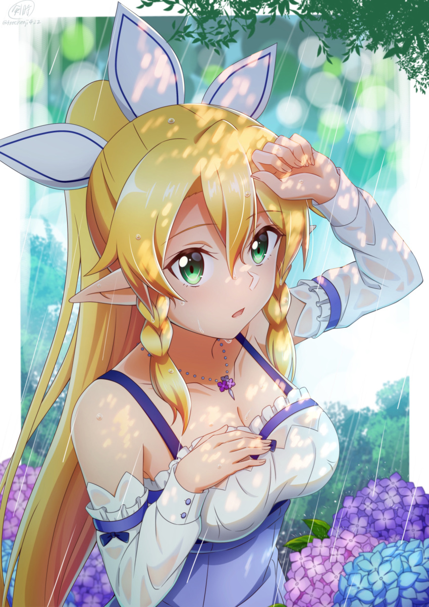 1girl :o alternate_costume arm_up bangs bare_shoulders blonde_hair blue_flower braid breasts cleavage collarbone detached_sleeves flower green_eyes hair_between_eyes hair_ornament hand_on_own_chest hand_up highres hydrangea jewelry ken-ji large_breasts leafa long_hair long_sleeves looking_at_viewer necklace open_mouth outdoors pointy_ears ponytail purple_flower rain side_braid solo sword_art_online twin_braids wet wet_clothes white_sleeves