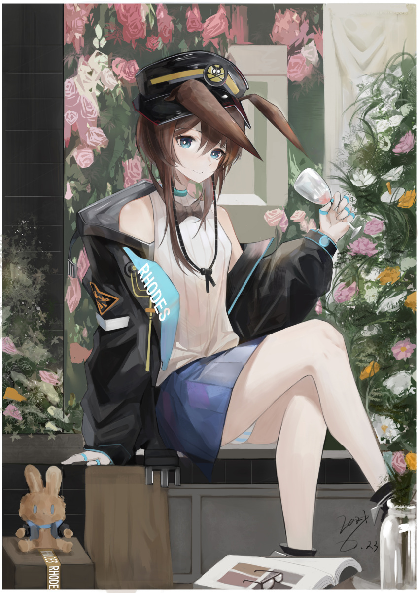 1girl absurdres amiya_(arknights) animal_ears arknights black_bow black_headwear black_jacket blue_choker blue_eyes blue_skirt bow brown_hair bunny_ears chitangbujiayan choker clothes_writing crossed_legs cup dated drinking_glass flower hair_between_eyes hat highres holding holding_cup jacket long_hair looking_at_viewer multiple_rings off-shoulder_sweater off_shoulder open_clothes open_jacket panties shirt signature sitting skirt sleeveless sleeveless_shirt smile solo striped striped_panties stuffed_animal stuffed_bunny stuffed_toy sweater thighs underwear white_panties white_shirt white_sweater
