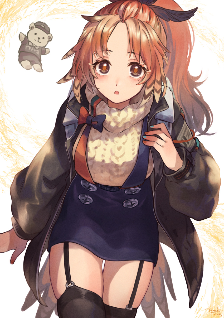 1girl absurdres arknights beige_sweater black_jacket black_legwear blue_nails blue_skirt brown_eyes cowboy_shot feather_hair garter_straps hand_up highres jacket long_hair looking_at_viewer open_clothes open_jacket open_mouth orange_hair pinecone_(arknights) ponytail skirt solo tarako_jun thighhighs