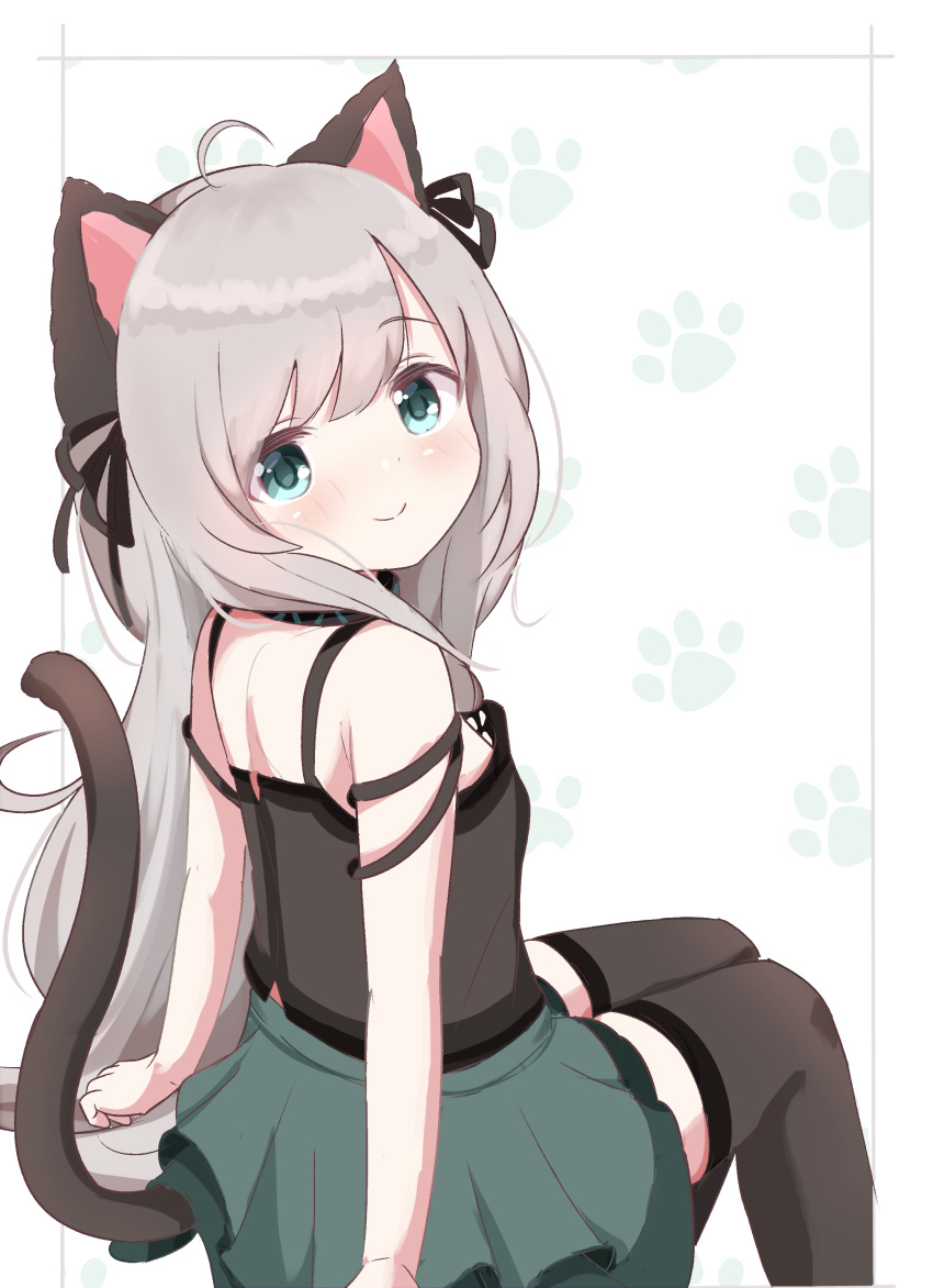 absurdres ahoge animal_ears arknights black_legwear black_ribbon black_shirt blue_eyes blush cat_ears cat_girl cat_tail collar feet_out_of_frame green_skirt grey_hair hair_ribbon highres infection_monitor_(arknights) long_hair looking_at_viewer looking_back mint_(arknights) paw_print paw_print_background rebaa ribbon shirt skirt smile tail thighhighs very_long_hair white_background