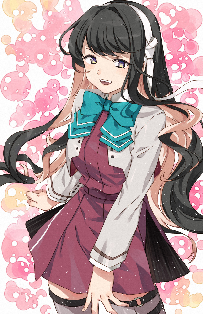 1girl absurdres aqua_neckwear black_hair blazer bow bowtie breasts cowboy_shot dress eyebrows_visible_through_hair fang grey_legwear hair_down hairband halterneck highres jacket kanmiya_shinobu kantai_collection large_breasts long_hair long_sleeves looking_at_viewer multicolored multicolored_background multicolored_hair naganami_(kancolle) pink_background pink_hair remodel_(kantai_collection) solo thighhighs two-tone_hair wavy_hair white_background white_hairband