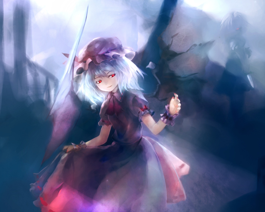 2girls bat_wings dress feet_out_of_frame glowing glowing_eyes hat highres holding holding_knife indoors izayoi_sakuya knife light_blue_hair light_smile looking_to_the_side medium_hair mob_cap multiple_girls pink_dress red_eyes remilia_scarlet skirt_hold solo_focus suisa touhou wings