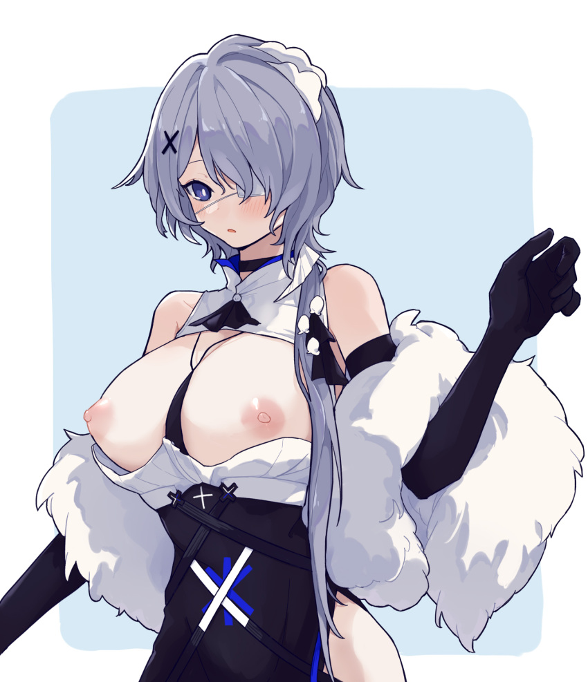 1girl arknights bare_shoulders black_choker black_dress black_gloves blue_eyes blush border breasts choker cleavage_cutout clothing_cutout coldcat. commentary_request dress elbow_gloves eyepatch feather_boa gloves hair_ornament hand_up highres large_breasts light_blue_background medical_eyepatch nipples one_eye_covered parted_lips puffy_nipples purple_hair short_hair sleeveless sleeveless_dress solo two-tone_dress upper_body whisperain_(arknights) whisperain_(tremble_cold)_(arknights) white_border white_dress x_hair_ornament