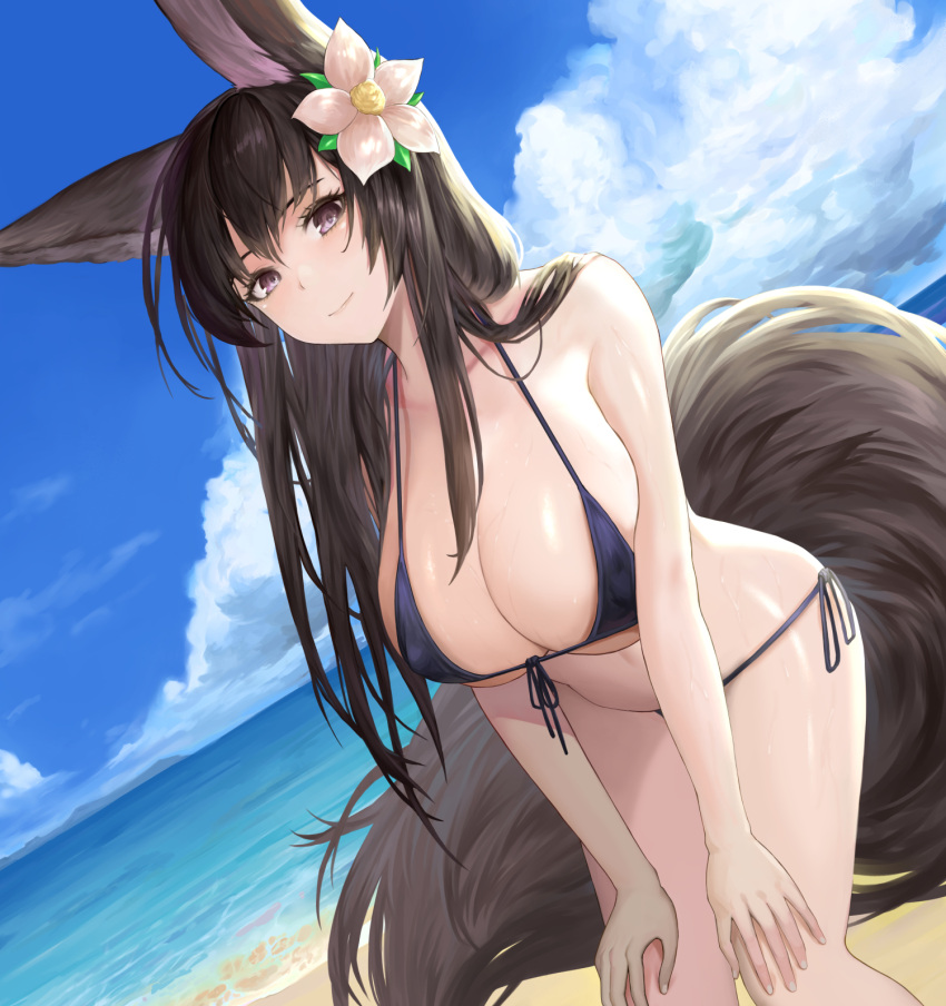 1girl animal_ears beach bikini black_bikini blue_sky breasts brown_eyes brown_hair cleavage closed_mouth cloud day dutch_angle flower fox_ears fox_girl front-tie_bikini front-tie_top hair_flower hair_ornament highres horizon large_breasts leaning_forward lieqi_hun light_smile looking_at_viewer ocean original outdoors side-tie_bikini sky solo string_bikini summer swimsuit