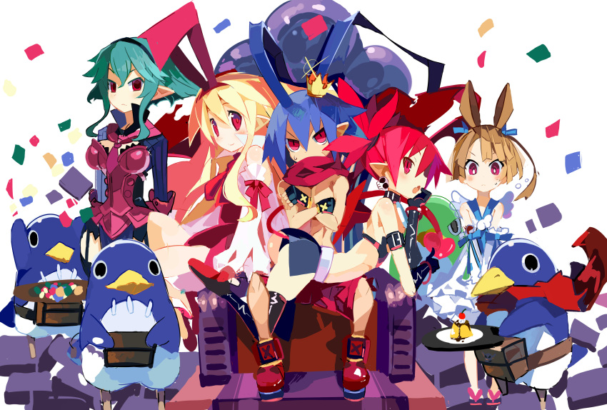 1boy 4girls absurdres ahoge barbara_(disgaea) blonde_hair blue_hair boots choker demon_girl demon_tail demon_wings disgaea disgaea_d2 earrings etna flat_chest flonne flonne_(fallen_angel) food green_eyes hat highres horns jewelry laharl long_hair makai_senki_disgaea medium_hair miyakawa106 multiple_girls pointy_ears prinny pudding red_eyes red_hair short_shorts shorts sicily_(disgaea) sidelocks skull_earrings slit_pupils smile tail thigh_boots thighhighs twintails wings