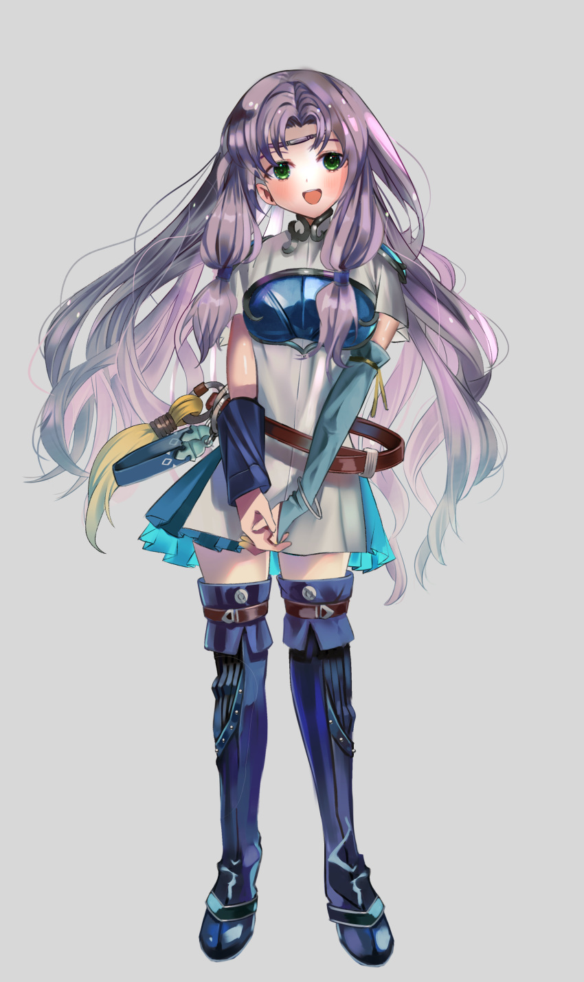 1girl absurdres armor bangs belt blush boots breastplate chil0107 circlet dress elbow_gloves fire_emblem fire_emblem:_the_blazing_blade florina_(fire_emblem) full_body gloves green_eyes hands_together highres long_hair looking_at_viewer open_mouth parted_bangs pauldrons purple_hair shoulder_armor smile solo thigh_boots thighhighs upper_teeth very_long_hair white_dress zettai_ryouiki