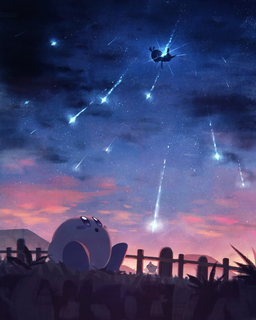 1girl blue_eyes blush_stickers crystal_shard fairy fairy_wings falling fence grass highres kirby kirby_(series) kirby_64 looking_up mountainous_horizon n-z open_mouth ribbon_(kirby) sitting sky star_(sky) starry_sky sunrise suyasuyabi wings