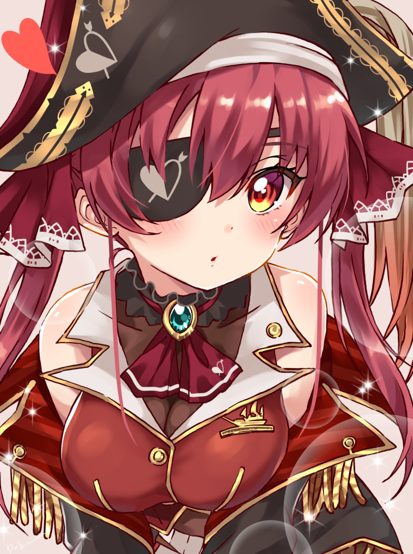 1girl :o arrow_through_heart ascot bangs bare_shoulders bicorne black_choker black_eyepatch black_headwear blush breasts brooch bubble_background buttons choker commentary_request covered_collarbone embroidery eyepatch frilled_choker frills gold_trim hair_between_eyes hair_ribbon hat heart highres hololive houshou_marine jacket jewelry large_breasts leotard leotard_under_clothes long_hair looking_at_viewer parted_lips pirate_hat red_eyes red_hair red_jacket red_neckwear red_ribbon ribbon sheer_leotard shiny shiny_hair signature simple_background sleeveless sleeveless_jacket solo sparkle twintails upper_body usagi_koushaku virtual_youtuber