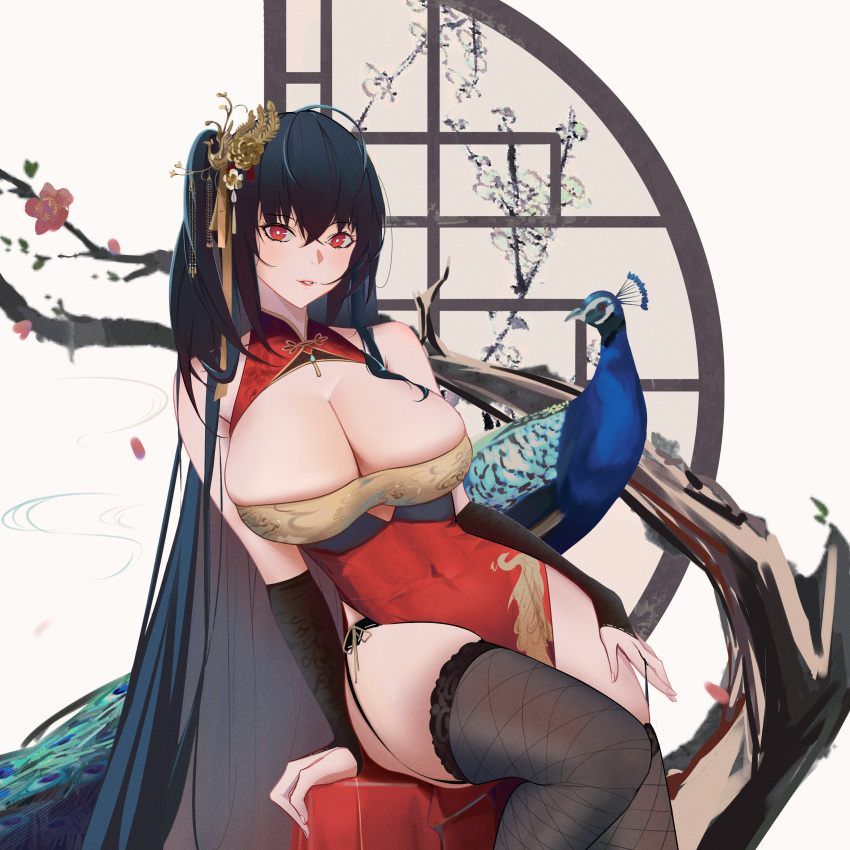 1girl absurdly_long_hair absurdres azur_lane bangs bare_shoulders bird black_gloves black_hair branch breasts bridal_gauntlets bursting_breasts china_dress chinese_clothes cleavage_cutout clothing_cutout crossed_bangs dress fishnet_legwear fishnets flower framed_breasts garter_straps gloves hair_ornament highres huangmao huge_breasts long_hair official_alternate_costume peacock pelvic_curtain pulled_by_self red_dress red_eyes sitting skindentation sleeveless sleeveless_dress solo strap_pull taihou_(azur_lane) taihou_(phoenix's_spring_song)_(azur_lane) very_long_hair