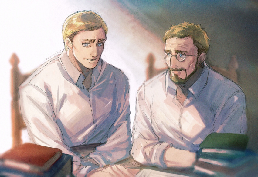 2boys beard blonde_hair blue_eyes book chair erwin's_father erwin_smith facial_hair father's_day father_and_son glasses highres male_focus multiple_boys poroi_(poro586) shingeki_no_kyojin smile table