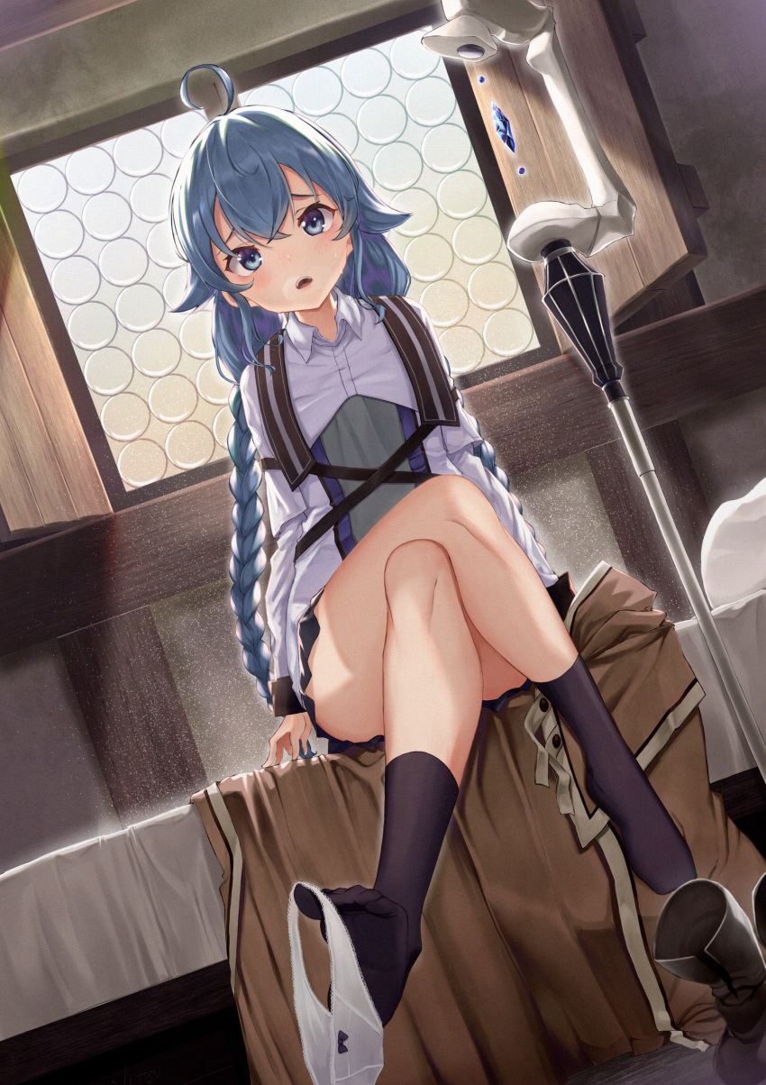 1girl absurdres ahoge bed black_legwear black_skirt blue_eyes blue_hair blush boots collared_shirt crossed_legs dress_shirt dutch_angle hair_between_eyes highres indoors light_particles long_hair looking_at_viewer miniskirt mushoku_tensei on_bed open_mouth panties panties_around_feet pleated_skirt roxy_migurdia shiny shiny_hair shirt sitting sitting_on_bed skirt solo underwear very_long_hair white_panties white_shirt wing_collar yatsucchie