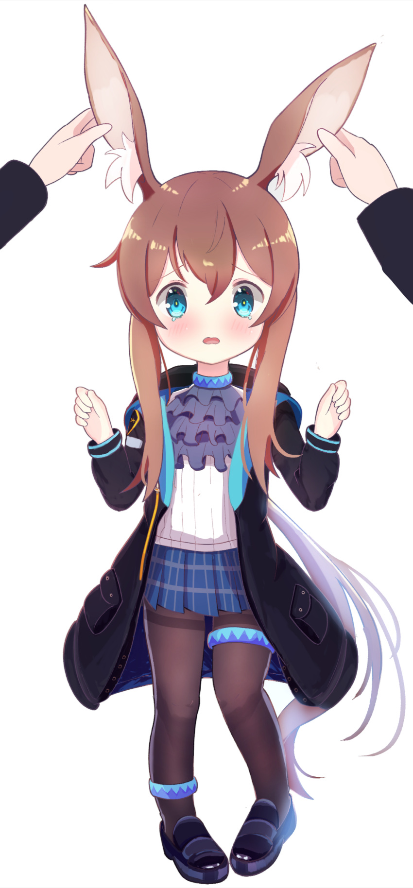 1girl absurdres amiya_(arknights) animal_ear_fluff animal_ears ankle_strap arknights ascot black_footwear black_jacket black_legwear blue_neckwear blue_skirt blush brown_hair bunny_ears commentary ear_grab highres jacket long_hair looking_at_viewer open_clothes open_jacket open_mouth pantyhose plaid plaid_skirt pleated_skirt pov pov_hands rebaa shirt shoes simple_background skirt solo_focus tearing_up thigh_strap white_background white_shirt younger