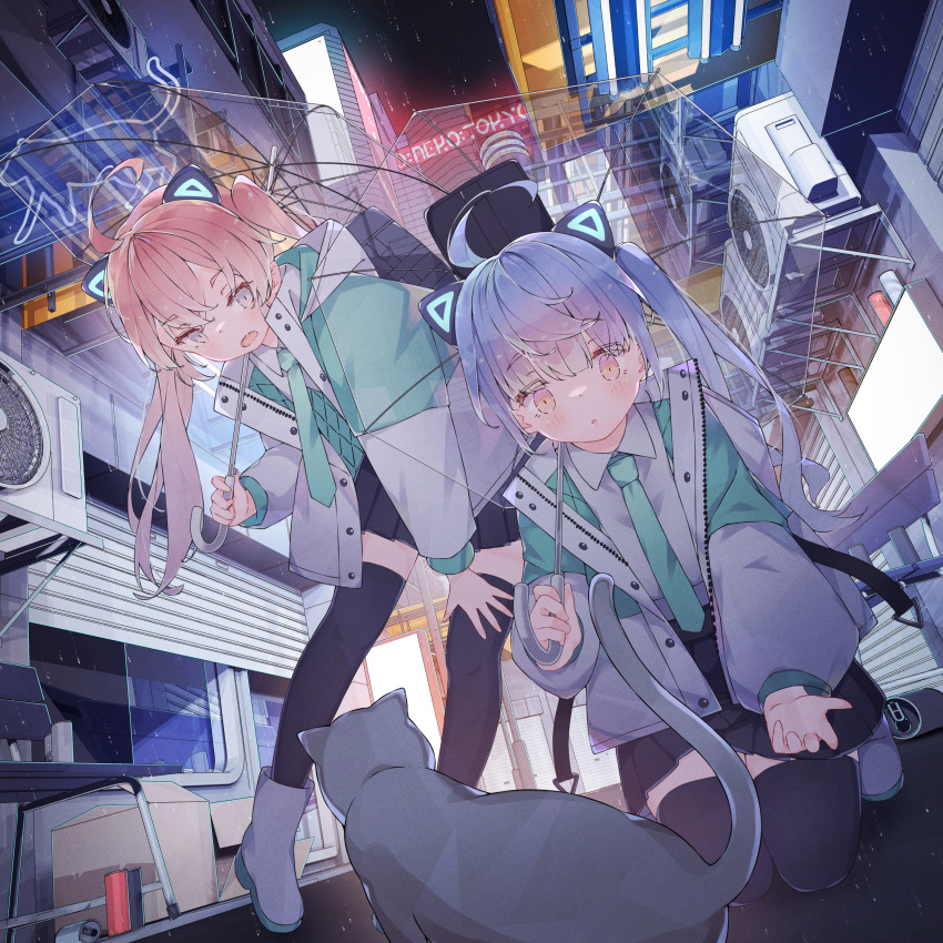 2girls absurdres ahoge air_conditioner animal bangs black_legwear black_skirt blue_eyes blue_hair blush box building can cat chair city collared_shirt commentary_request eyebrows_visible_through_hair green_neckwear hand_on_own_knee highres hoji_(hooooooooji1029) holding holding_umbrella huge_filesize jacket kneeling leaning_forward long_hair long_sleeves looking_at_animal miniskirt multiple_girls necktie neko_hacker night official_art open_clothes open_jacket open_mouth outdoors pink_eyes pink_hair pleated_skirt puffy_long_sleeves puffy_sleeves sera_(neko_hacker) shirt sho_(neko_hacker) shoes short_eyebrows side_ponytail skirt standing thighhighs transparent transparent_umbrella twintails umbrella white_footwear white_jacket white_shirt