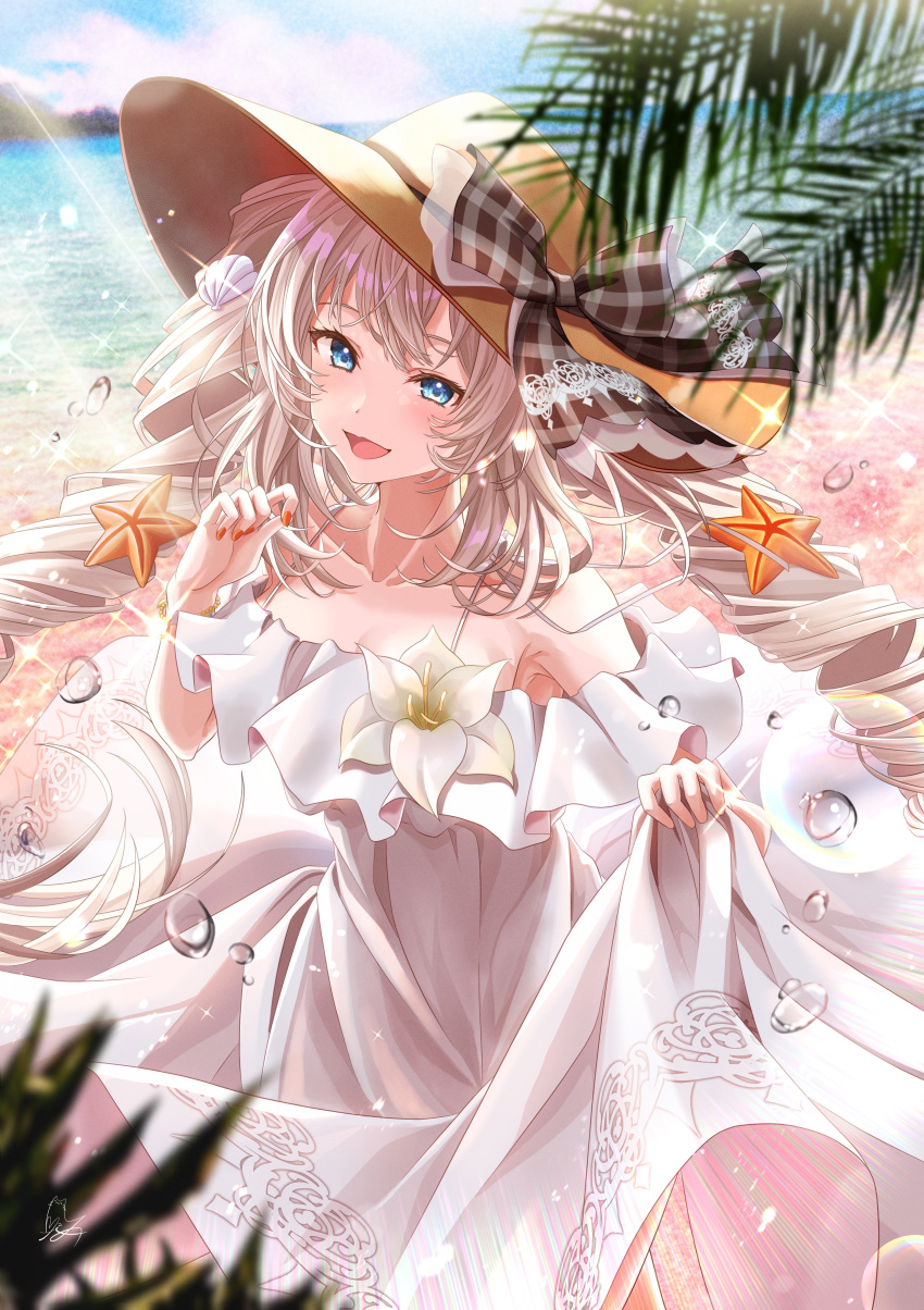 1girl absurdres beach blue_eyes dress drill_hair fate/grand_order fate_(series) flower hat highres huge_filesize lily_(flower) marie_antoinette_(fate) marie_antoinette_(swimsuit_caster)_(fate) shell_hair_ornament signature starfish_hair_ornament sun_hat totomiya twintails white_dress white_hair