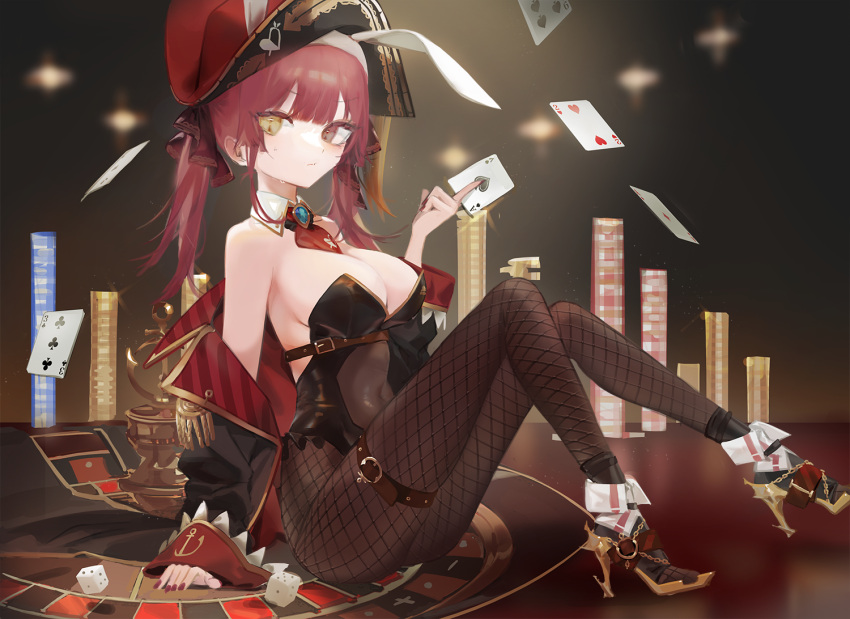 1girl bangs bare_shoulders black_coat black_footwear black_headwear black_leotard blush breasts brown_legwear card cleavage coat commentary covered_navel detached_collar eyebrows_visible_through_hair fishnet_legwear fishnets full_body hat heterochromia high_heels holding holding_card holding_playing_card hololive houshou_marine large_breasts legs leotard long_hair long_sleeves looking_at_viewer nail_polish off_shoulder pantyhose pirate_hat playboy_bunny playing_card poker_chip quarter_1404 red_eyes red_hair red_nails ribbon sitting smile solo strapless strapless_leotard twintails virtual_youtuber wrist_cuffs yellow_eyes