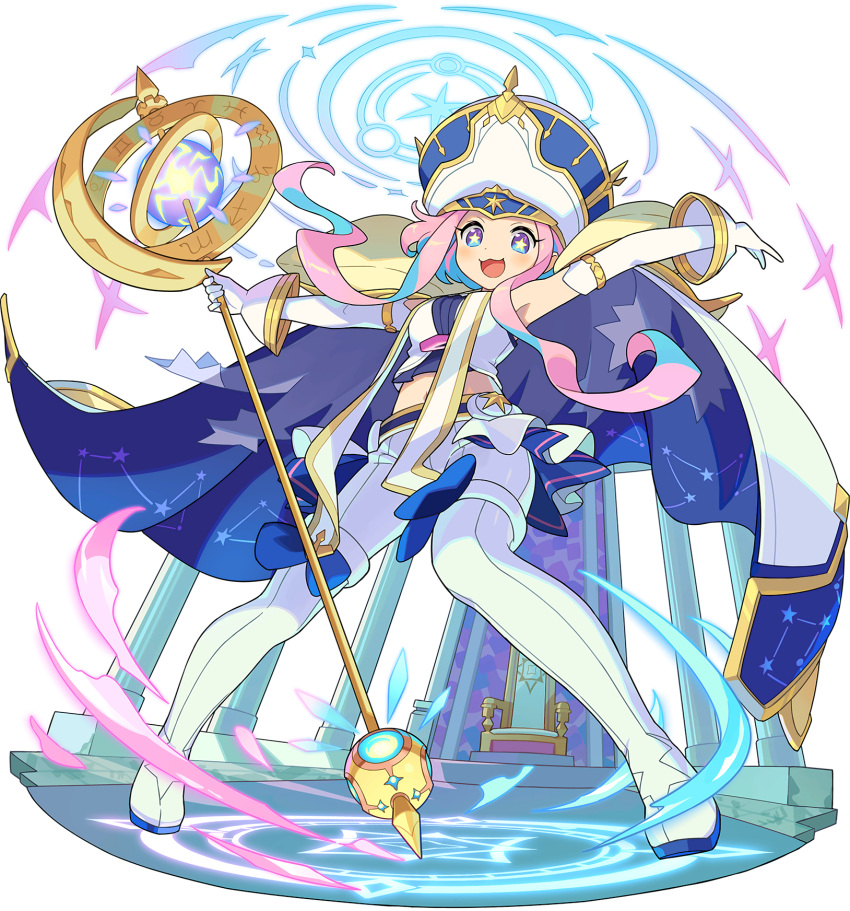 1girl :3 aquarius aries armpits arms_up artist_request aura belt blue_eyes blue_hair blush boots breasts cancer cape capricorn chair constellation_print crop_top elbow_gloves full_body gemini gloves happy hat highres holding holding_staff indoors layered_gloves legs_apart magic_circle midriff multicolored multicolored_clothes multicolored_eyes multicolored_hair multicolored_headwear navel non-web_source official_art open_mouth orb orvelle_(world_flipper) outstretched_arms pants pillar pink_hair pisces priestess purple_eyes sagittarius scorpio shako_cap shirt short_hair_with_long_locks showgirl_skirt sidelocks sleeveless sleeveless_shirt small_breasts smile solo sparkle spread_arms staff standing star-shaped_pupils star_(symbol) streaked_hair symbol-shaped_pupils taurus thigh_boots thighhighs throne throne_room transparent_background two-sided_cape two-sided_fabric two-tone_hair white_cape white_footwear white_gloves white_legwear white_pants white_shirt world_flipper zodiac