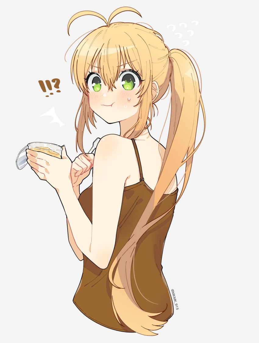 !? 1girl ^^^ antenna_hair blonde_hair blush commentary cup eating flying_sweatdrops food from_behind full_mouth green_eyes grey_background highres holding holding_cup holding_spoon long_hair looking_at_viewer nanaki_(mkmk_915) ponytail pudding solo spaghetti_strap spoon sweat tsurumaki_maki twitter_username very_long_hair voiceroid