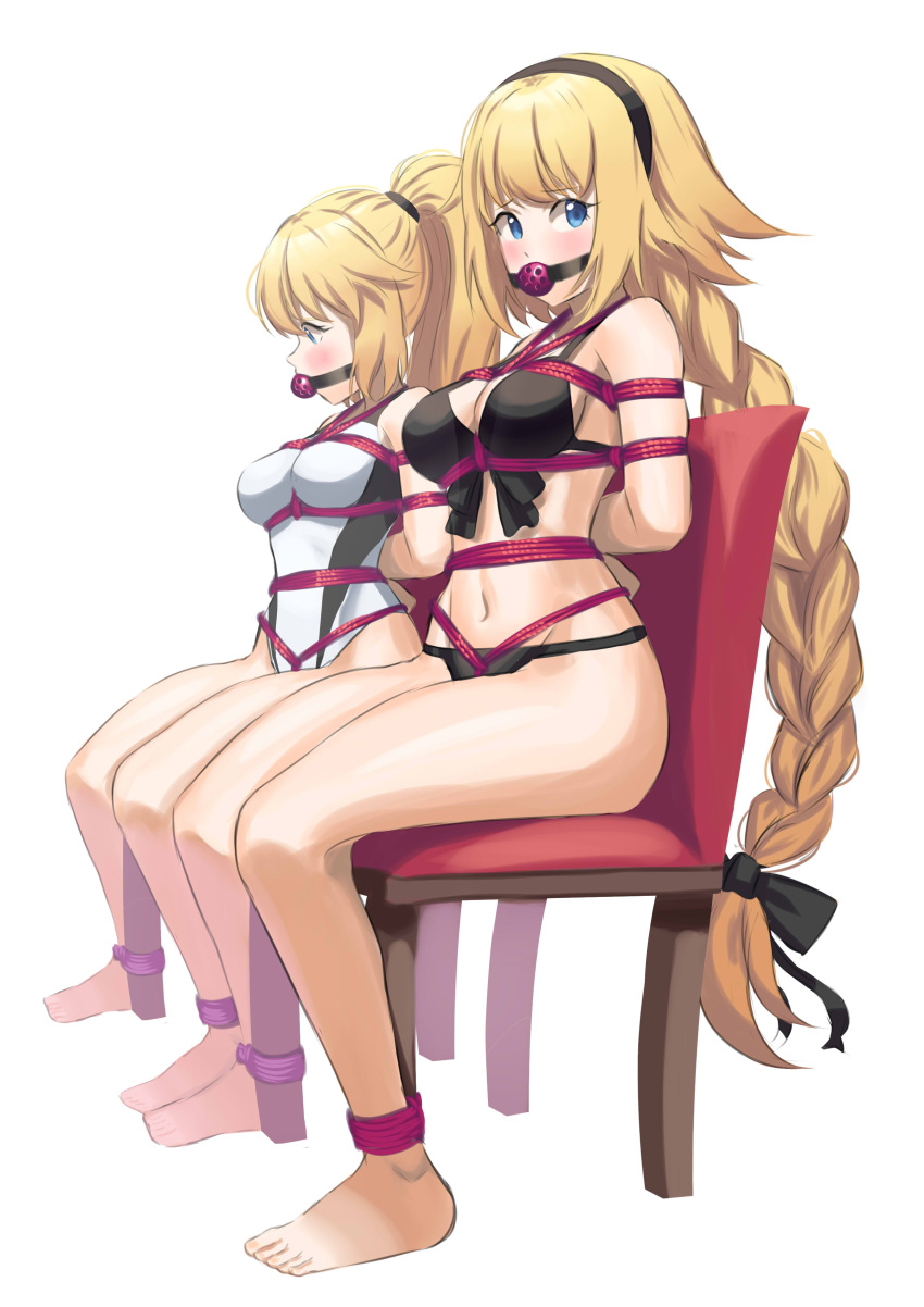 2girls absurdres arms_behind_back ball_gag bdsm bikini black_bikini black_hairband blonde_hair blue_eyes bondage bound bound_arms bound_legs braid breast_bondage breasts cailin020 chair commission competition_swimsuit dual_persona english_commentary fate/grand_order fate_(series) front-tie_bikini front-tie_top gag gagged hairband highleg highleg_swimsuit highres jeanne_d'arc_(fate)_(all) jeanne_d'arc_(swimsuit_archer)_(fate) long_braid long_hair medium_breasts multiple_girls one-piece_swimsuit ponytail red_rope rope shibari shibari_over_clothes single_braid sitting swimsuit very_long_hair white_swimsuit