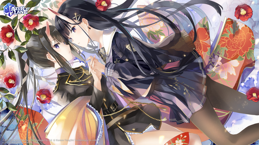 2girls aiguillette azur_lane black_coat black_hair black_legwear blue_shirt blue_skirt breasts closed_mouth coat commentary cowboy_shot earrings english_commentary epaulettes expressionless eyebrows_visible_through_hair face-to-face floating_hair floral_print flower from_above glint hair_ornament hairclip half_updo highres holding_hands horns interlocked_fingers jacket jacket_on_shoulders japanese_clothes jewelry kimono logo long_hair looking_at_viewer lying medium_breasts military military_uniform miniskirt multiple_girls noshiro_(azur_lane) off_shoulder official_art on_side oni_horns orange_kimono pantyhose pleated_skirt ponytail purple_eyes ryuuhou_(azur_lane) sailor_collar school_uniform second-party_source serafuku shirt skirt straight_hair thighs tia_(tia_1207) unbuttoned uniform watermark x_hair_ornament