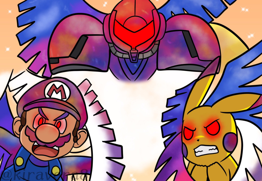 alternate_eye_color alternate_hair_color angry armor corruption crossover dark_persona facial_hair galeem gen_1_pokemon glowing glowing_eyes hal_laboratory helmet highres kiravera8 long_hair looking_at_viewer mario mario_(series) metroid multicolored multicolored_clothes multicolored_hair multicolored_wings mustache nintendo open_mouth pikachu pokemon pokemon_(creature) possessed power_armor red_eyes samus_aran super_mario_bros. super_smash_bros. watermark wings