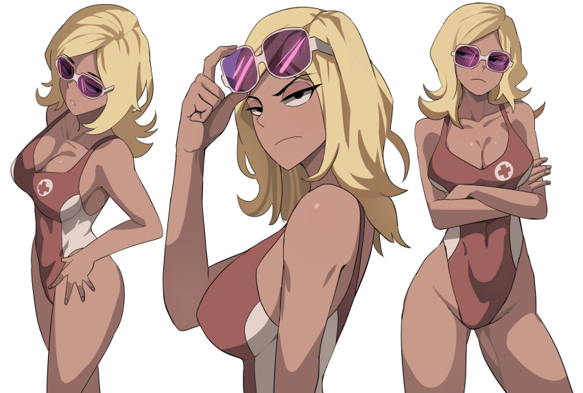 1girl blonde_hair breasts highres holding holding_eyewear jourd4n kick_buttowski lifeguard one-piece_swimsuit red_swimsuit shannon_(kick_buttowski) solo sunglasses swimsuit tan