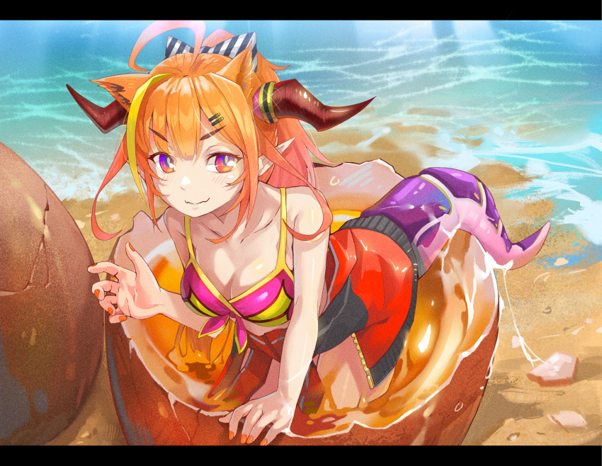 1girl ahoge alternate_costume alternate_hairstyle animal_ears bangs bare_arms bare_shoulders beach bikini bikini_top black_jacket blonde_hair blush bow breasts bright_pupils cat_ears chinese_commentary cleavage closed_mouth clothes_around_waist collarbone commentary_request day diagonal-striped_bow dragon_tail egg eggshell extra_ears eyebrows_visible_through_hair fangs hair_bow hair_ornament hairclip hatching highres hololive horns huge_filesize jacket jacket_around_waist kemonomimi_mode kiryu_coco letterboxed long_hair looking_at_viewer medium_breasts multicolored multicolored_eyes multicolored_hair orange_hair orange_nails outdoors pink_bikini pointy_ears ponytail purple_eyes red_eyes red_jacket sand sidelocks skin_fangs slit_pupils smile solo streaked_hair striped striped_bow swimsuit tail two-tone_jacket virtual_youtuber water wet white_pupils yoshikawa_hiro zipper