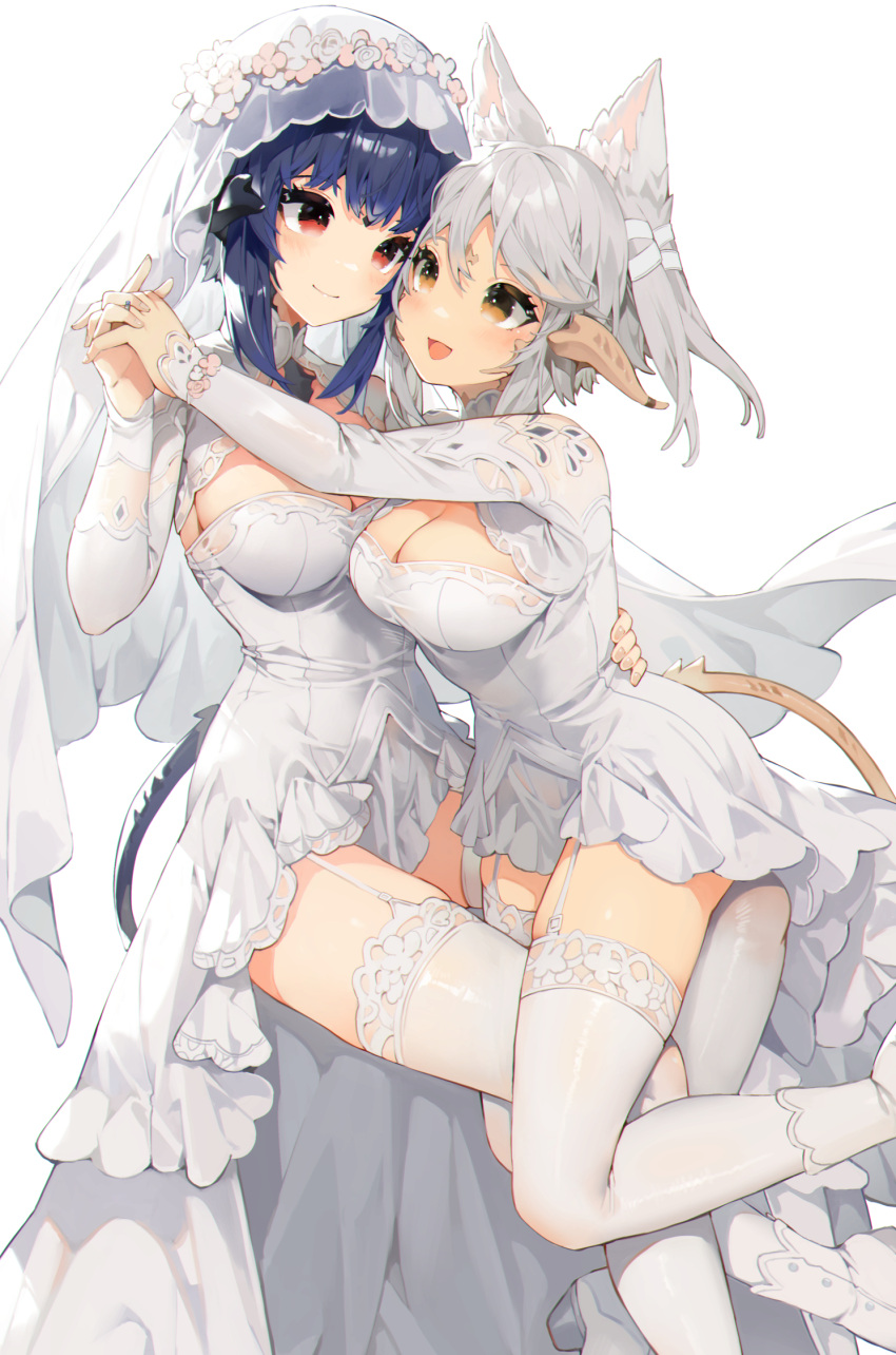 2girls :d akizone animal_ears au_ra bangs black_hair blush breasts cheeze_(akizone) cleavage dress elbow_gloves feet_out_of_frame final_fantasy final_fantasy_xiv flower garter_straps gloves grey_hair highres holding_hands hug large_breasts long_hair long_sleeves looking_at_another multiple_girls open_mouth red_eyes renz_(rirene_rn) simple_background smile tail thighhighs wedding_dress white_background white_dress white_gloves white_legwear white_theme wife_and_wife yuri zettai_ryouiki