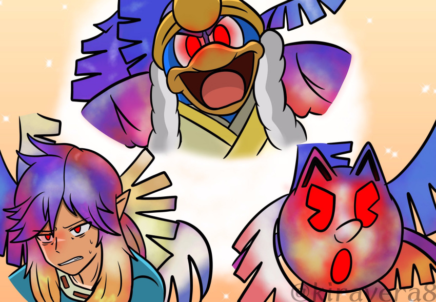 alternate_eye_color alternate_hair_color angry bandai_namco coat corruption crossover dark_persona galeem glowing glowing_eyes hal_laboratory highres king_dedede kiravera8 kirby_(series) link long_hair looking_at_viewer multicolored multicolored_hair multicolored_wings namco nintendo open_mouth pac-man pac-man_(game) possessed red_eyes super_smash_bros. the_legend_of_zelda watermark wings