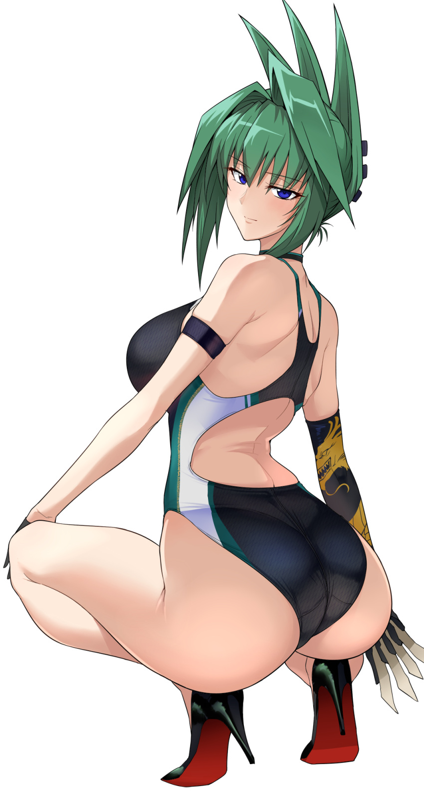 1girl ass back bangs bare_shoulders black_swimsuit blue_eyes blush breasts cleavage green_hair halcon high_heels highleg highleg_swimsuit highres large_breasts long_hair looking_at_viewer looking_back one-piece_swimsuit shaman_king simple_background sitting smile solo squatting swimsuit tao_jun