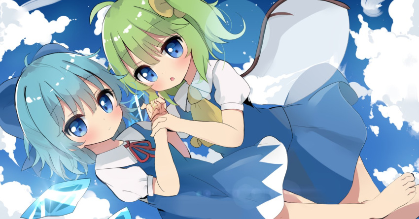 2girls antidote ascot bangs barefoot blue_bow blue_dress blue_eyes blue_hair blue_shirt blue_skirt blue_sky bow cirno closed_mouth cloud daiyousei dress eyebrows_visible_through_hair fairy_wings green_hair hair_bow hands_together highres ice ice_wings looking_at_viewer multiple_girls neck_ribbon open_mouth outdoors puffy_short_sleeves puffy_sleeves red_ribbon ribbon shirt short_hair short_sleeves skirt sky touhou white_shirt wings yellow_neckwear