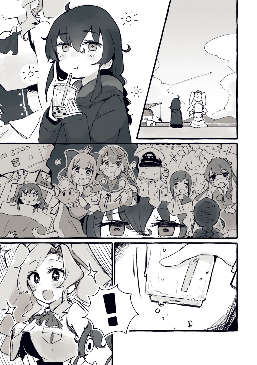 1boy 6+girls absurdres admiral_(kancolle) akashi_(kancolle) blunt_tresses bow braid drill_hair fubuki_(kancolle) greyscale hair_bow hair_ribbon hairband highres honolulu_(kancolle) kantai_collection long_hair long_sleeves ma_rukan monochrome multiple_girls naganami_(kancolle) outdoors ponytail ribbon school_uniform serafuku sidelocks single_braid sleeveless sleeveless_jacket souya_(kancolle) tress_ribbon twin_drills yuubari_(kancolle)