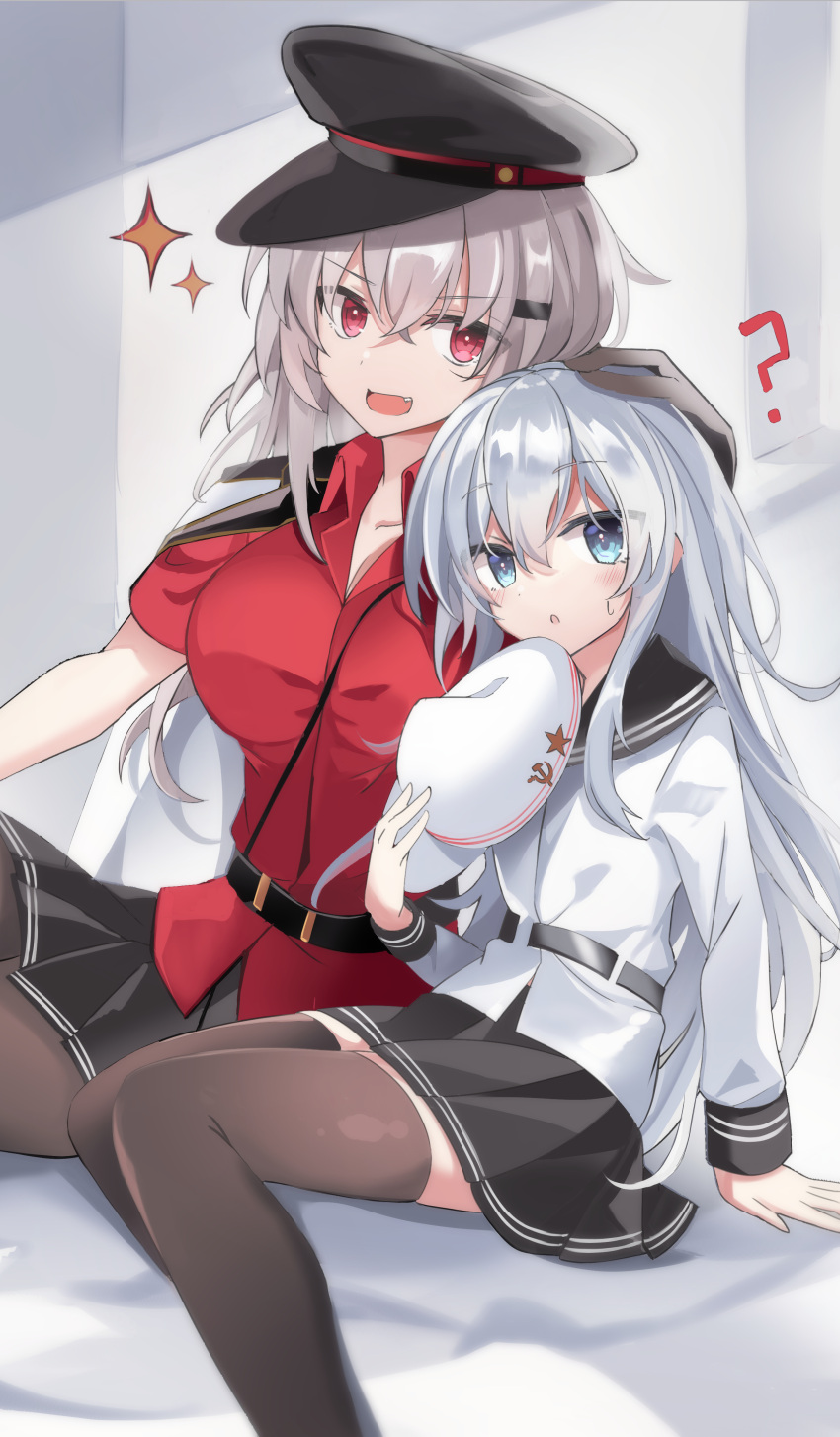 2girls absurdres black_gloves black_legwear black_skirt blue_eyes fathom flat_cap gangut_(kancolle) gloves grey_hair hammer_and_sickle hand_on_another's_head hat headwear_removed height_difference hibiki_(kancolle) highres holding holding_clothes holding_hat jacket kantai_collection long_hair long_sleeves miniskirt multiple_girls pantyhose peaked_cap pleated_skirt red_eyes red_shirt remodel_(kantai_collection) scar scar_on_cheek scar_on_face shirt silver_hair sitting skirt thighhighs verniy_(kancolle) white_headwear white_jacket