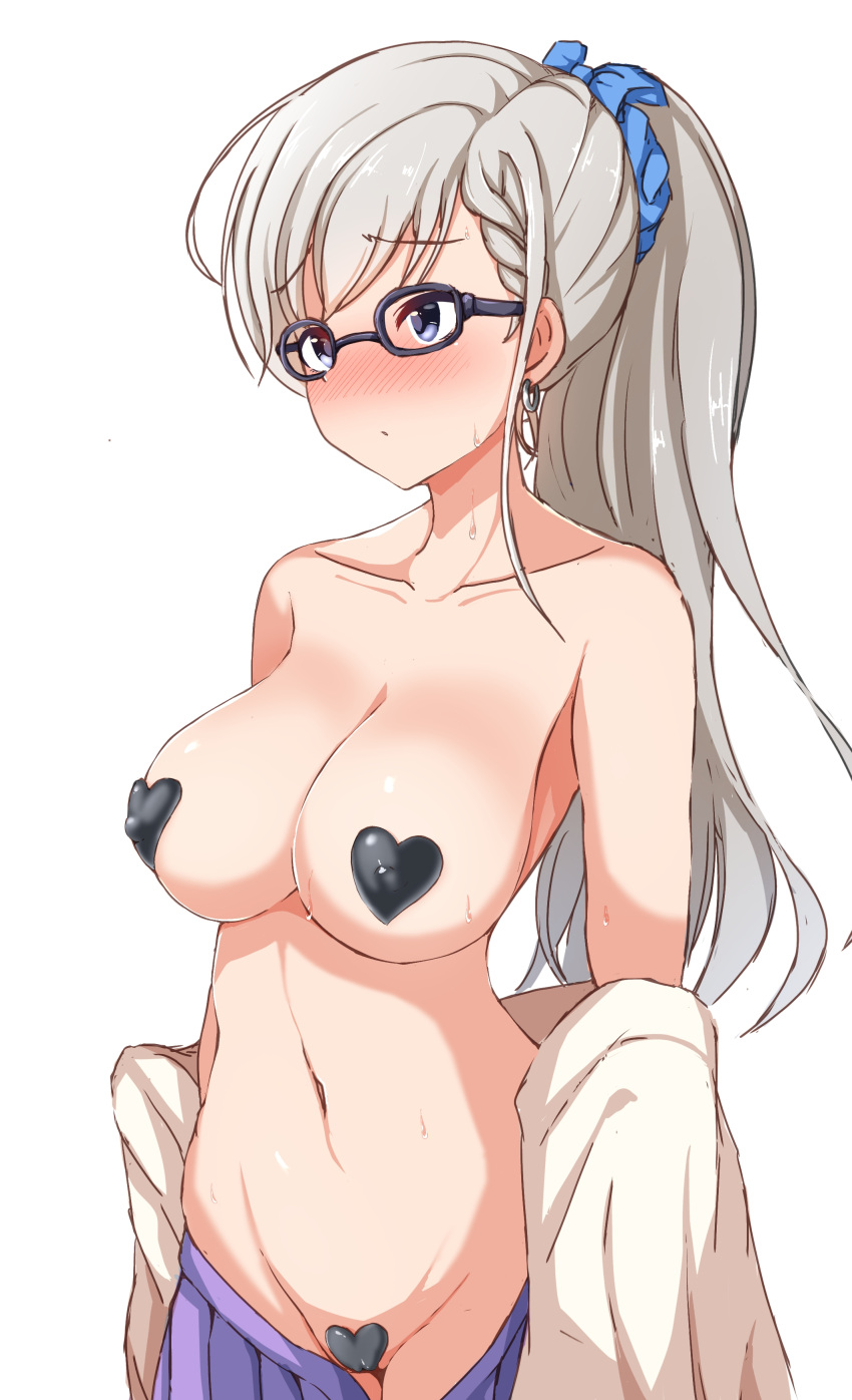 1girl absurdres bangs black-framed_eyewear blush braid breasts closed_mouth clothes_pull collarbone covered_nipples earrings eyebrows_visible_through_hair glasses groin hair_ornament hair_scrunchie heart_pasties highres hisakawa_hayate idolmaster idolmaster_cinderella_girls jewelry large_breasts long_hair maebari navel nose_blush open_clothes pasties purple_eyes purple_skirt raindrop746079 scrunchie silver_hair simple_background skirt skirt_pull solo stomach sweat topless white_background