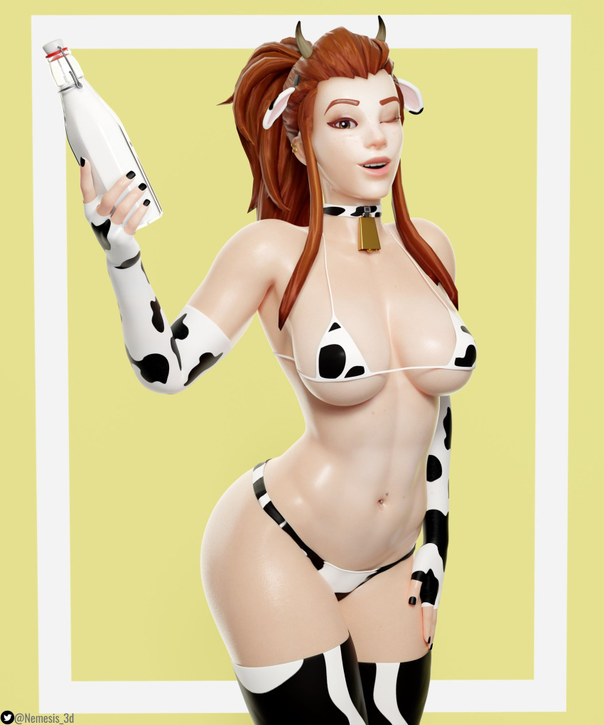 1girl 3d animal_ears animal_print bell black_nails bottle breasts brigitte_(overwatch) brown_eyes brown_hair chinese_zodiac cow_ears cow_horns cow_print detached_sleeves ear_piercing highres horns large_breasts long_hair milk milk_bottle navel navel_piercing neck_bell nemesis_3d one_eye_closed overwatch piercing ponytail solo standing swimsuit thighhighs year_of_the_ox